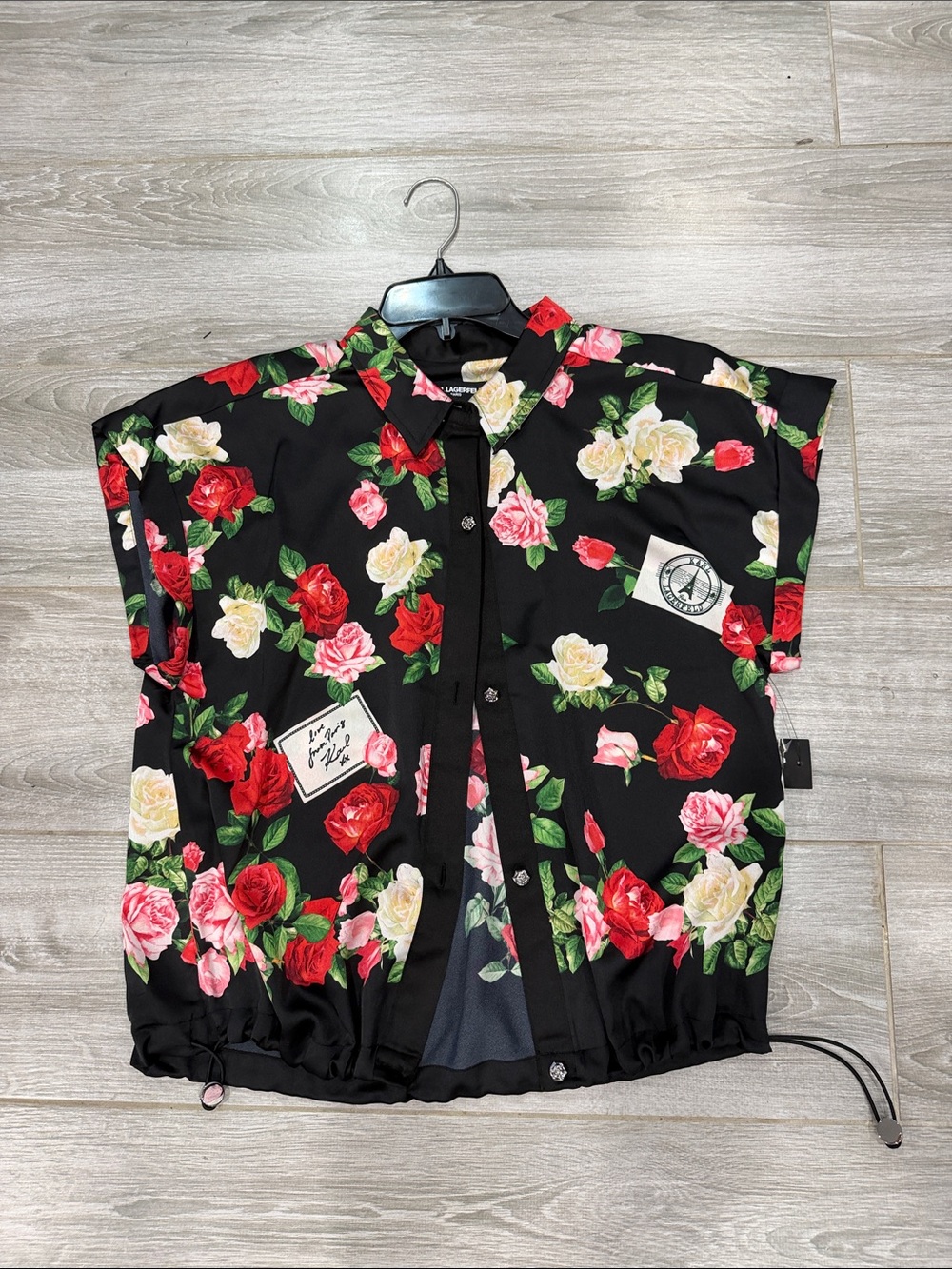 Karl Lagerfeld Black Button-Down Top with Red, Pink & Cream Rose Print M